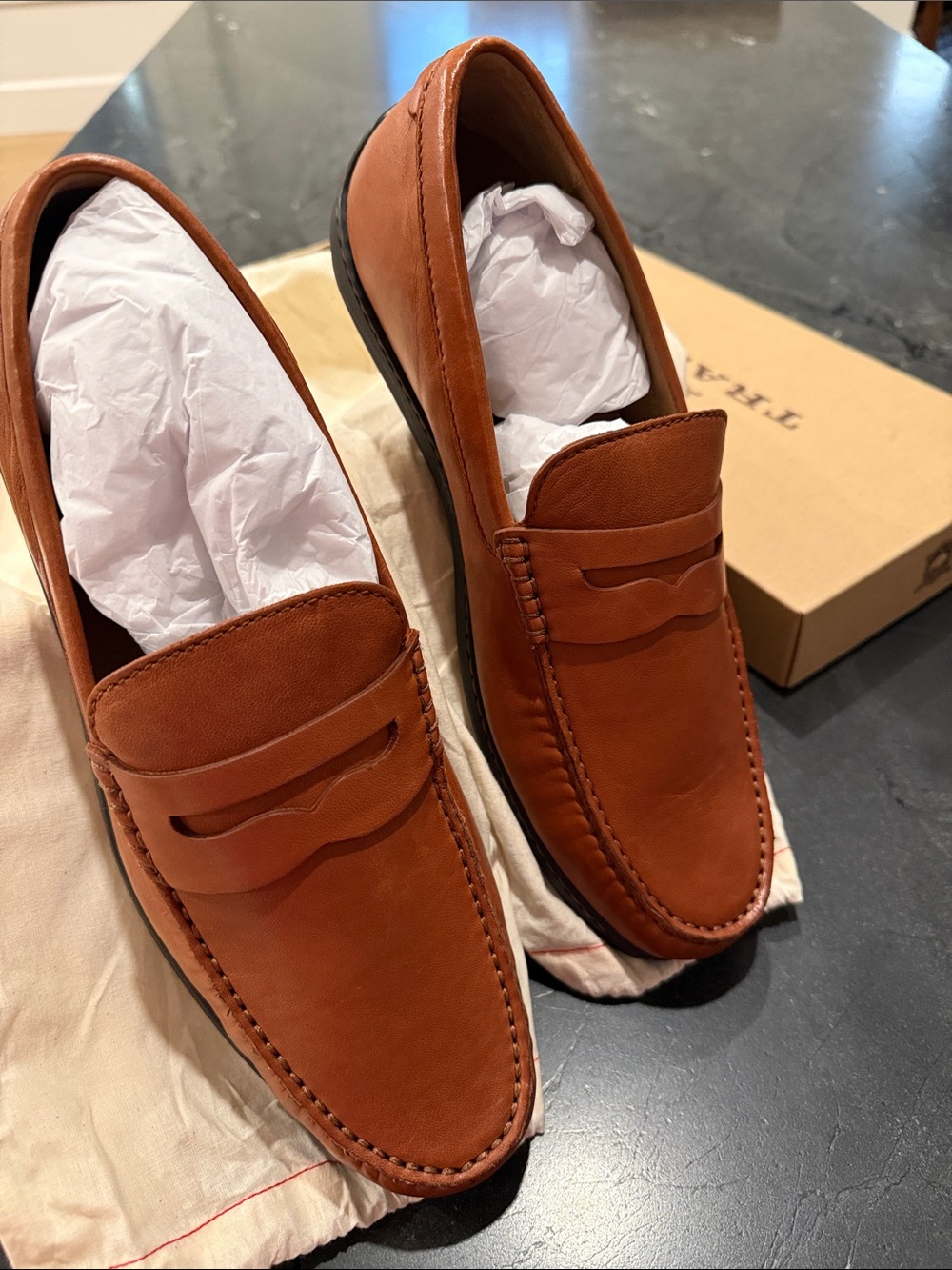 Trask Tan Leather Penny Loafers